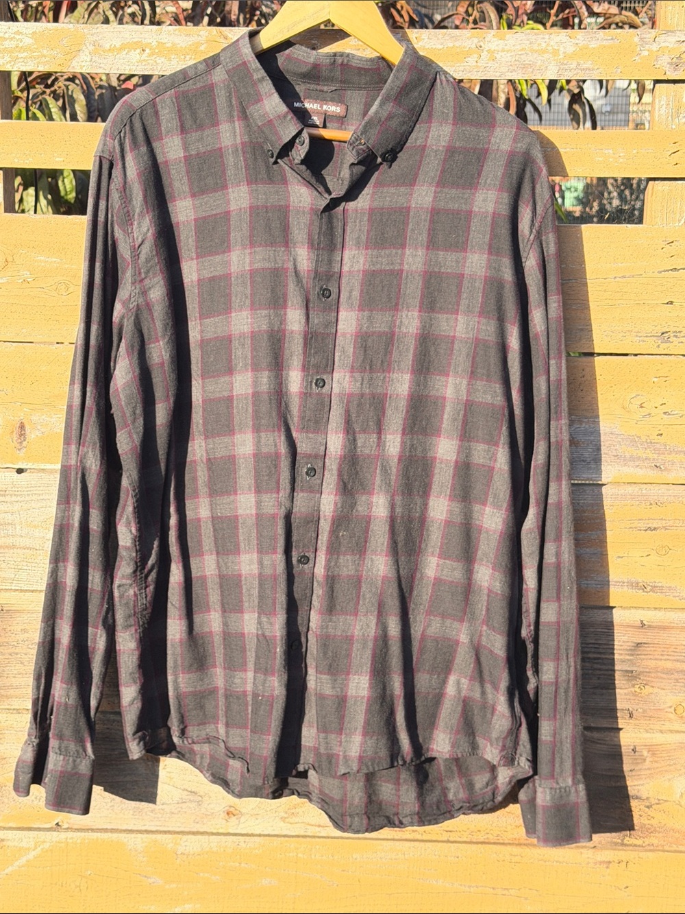 Michael Kors Men's Charcoal Plaid Button-Down Shirt with Burgundy Accents